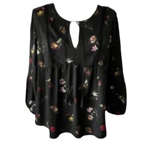 Old Navy Women's M Black Floral Tassel Tie Long Sleeve Peasant Blouse Tunic Top‌